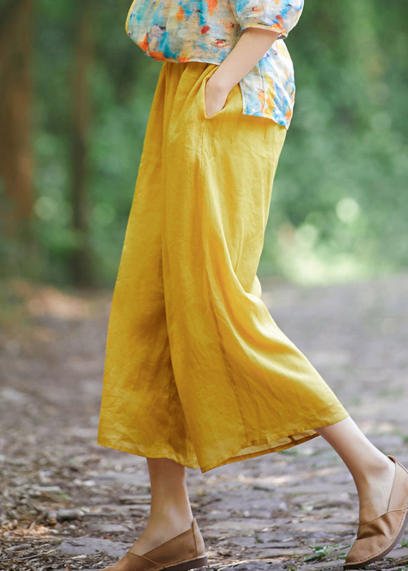 Crop Summer Yellow Elastic Pockets Simple Linen Waist Pantss