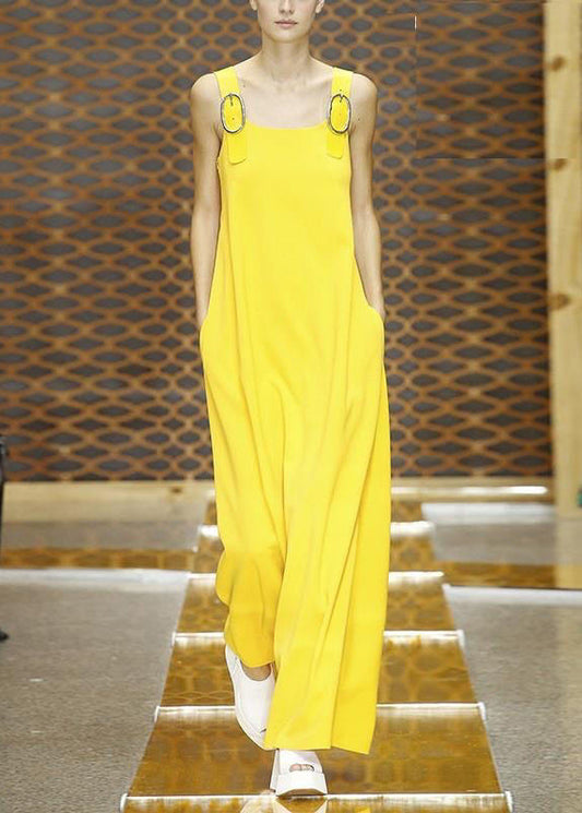 Pants Yellow Pockets Cotton Simple Sleeveless Solid Jumpsuit