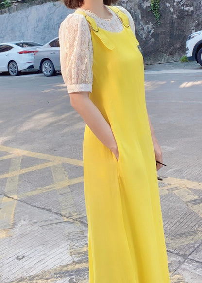 Pants Yellow Pockets Cotton Simple Sleeveless Solid Jumpsuit
