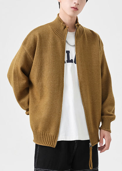 Up Yellow Cardigans Solid Simple Spring Zip Knit Mens