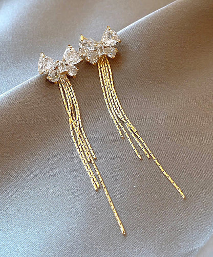 Skinny Gold Alloy Zircon Bow Tassel Drop Earrings WH041