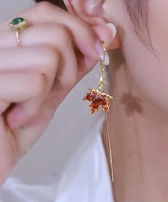 Skinny Red Sterling Silver Overgild Crystal Maple Leaf Tassel Drop Earrings WH008