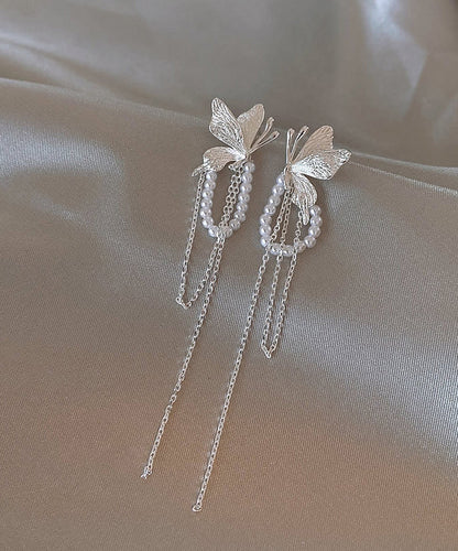 Copper Butterfly Alloy Skinny Silk Drop Pearl Earrings Tassel