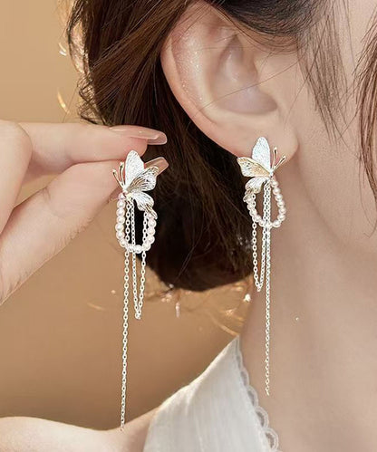 Copper Butterfly Alloy Skinny Silk Drop Pearl Earrings Tassel
