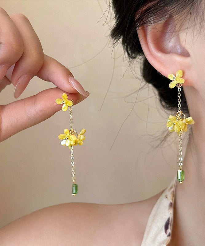 Osmanthus Earrings Drop Acrylic Flower Skinny Tassel Yellow
