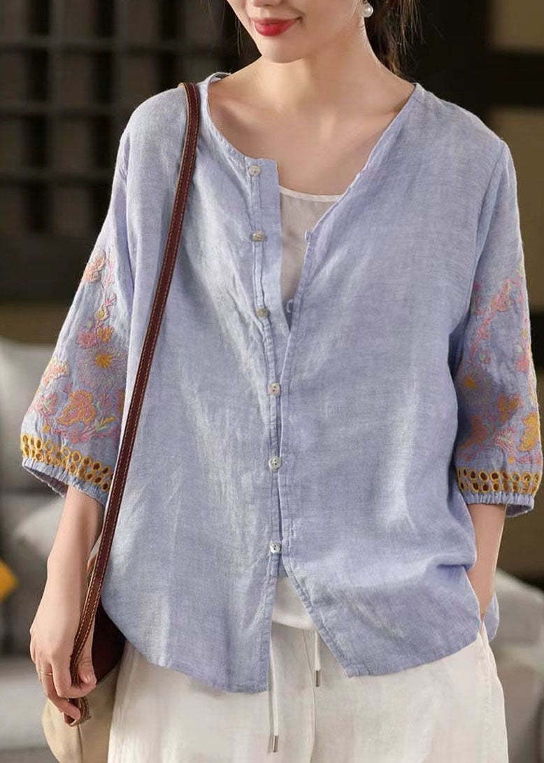 Blue Tops Sleeve Bracelet Linen Embroidered Oversized Sky