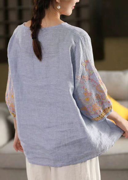 Blue Tops Sleeve Bracelet Linen Embroidered Oversized Sky