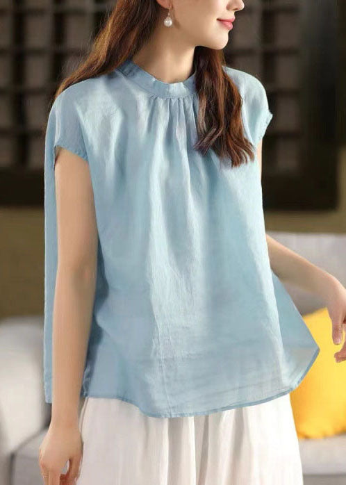 Collar Sky Stand Oversized Linen Blue Summer Tops