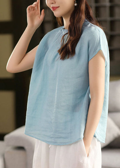 Collar Sky Stand Oversized Linen Blue Summer Tops