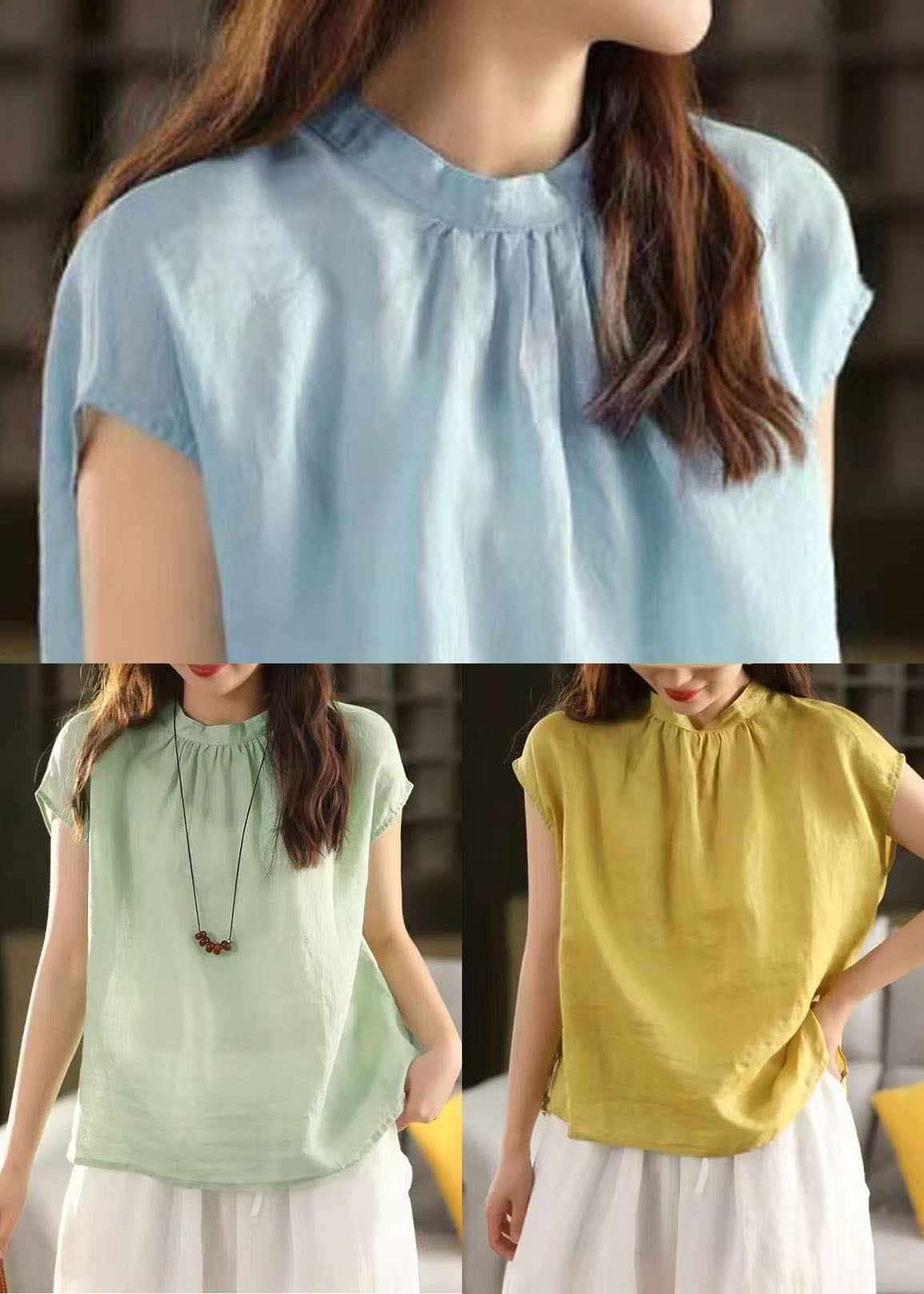 Collar Sky Stand Oversized Linen Blue Summer Tops