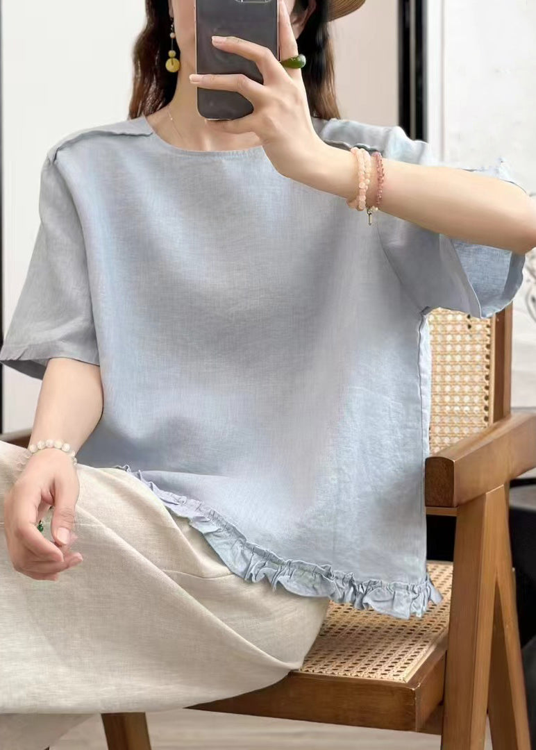 Sides Blouse Ruffled On Blue Linen Summer Wear Sky Solid Both