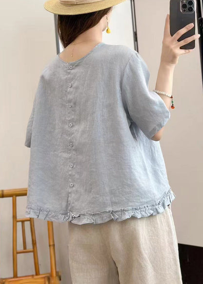 Sides Blouse Ruffled On Blue Linen Summer Wear Sky Solid Both