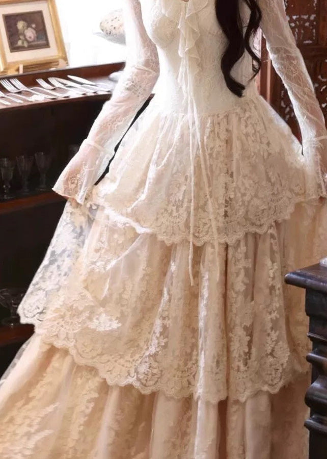 Dress Patchwork Fit Slim Ruffled Beige V Neck Maxi Flare Lace