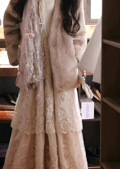 Dress Patchwork Fit Slim Ruffled Beige V Neck Maxi Flare Lace