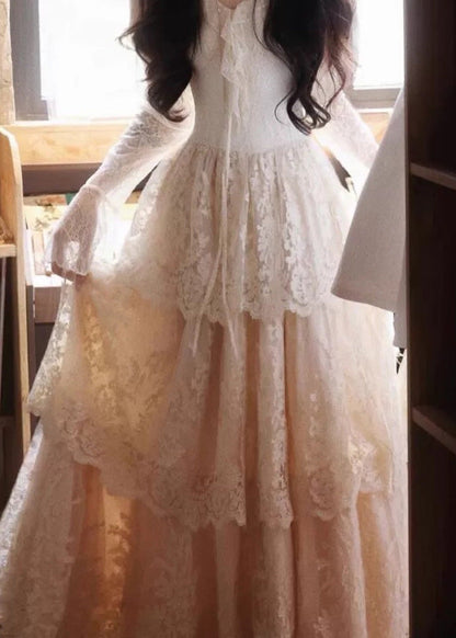Dress Patchwork Fit Slim Ruffled Beige V Neck Maxi Flare Lace