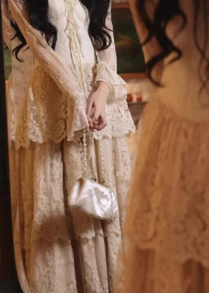 Dress Patchwork Fit Slim Ruffled Beige V Neck Maxi Flare Lace