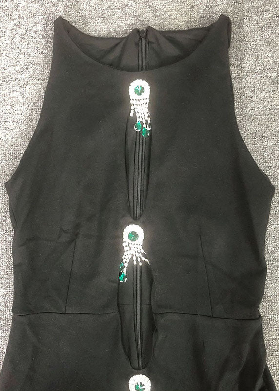 Slim Sleeveless Long Zircon Fit Out Cotton Dresses Hollow Black