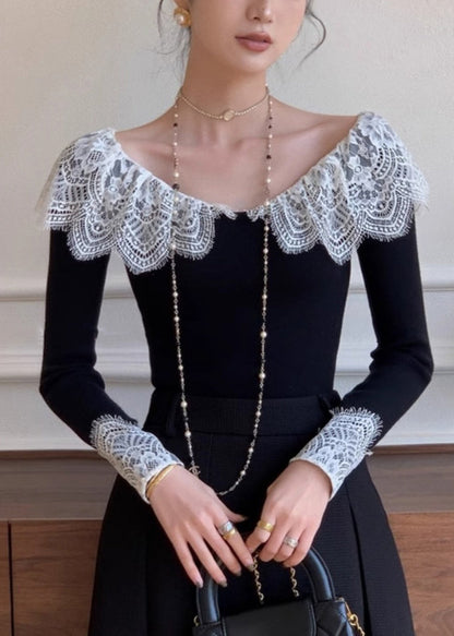 Patchwork Black Fall Cotton Fit Lace Slim Shirt T