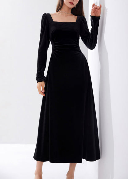 Slim Fit Schwarzes Samtkleid mit eckigem Kragen und hoher Taille, Herbst AM1015