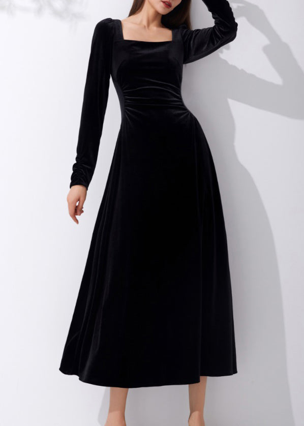 Slim Fit Schwarzes Samtkleid mit eckigem Kragen und hoher Taille, Herbst AM1015