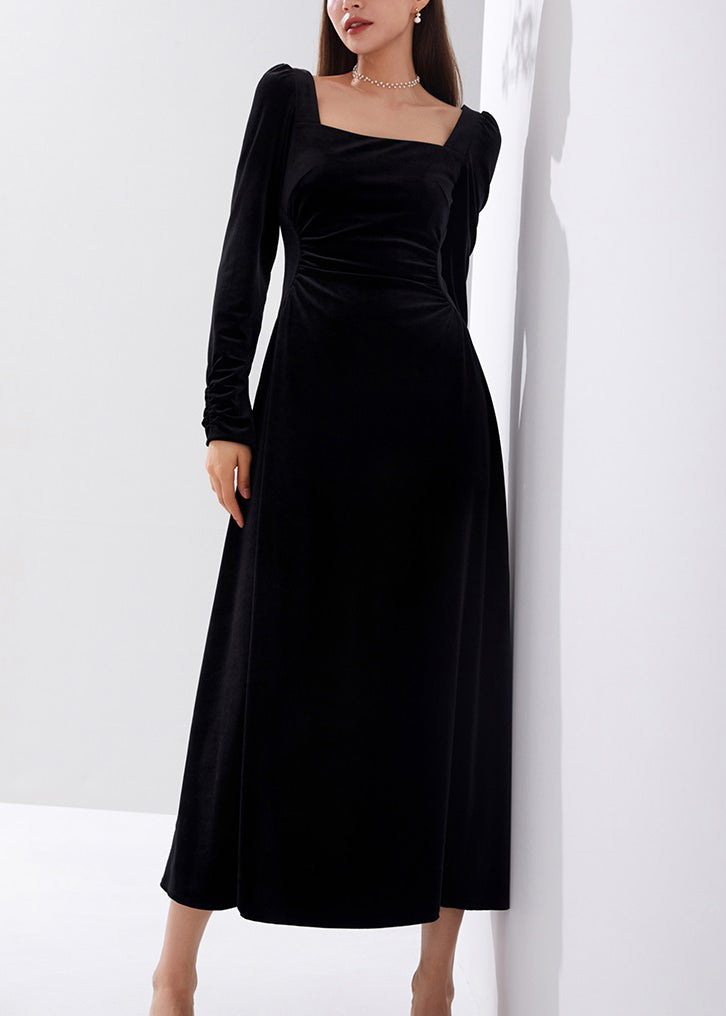 Slim Fit Schwarzes Samtkleid mit eckigem Kragen und hoher Taille, Herbst AM1015