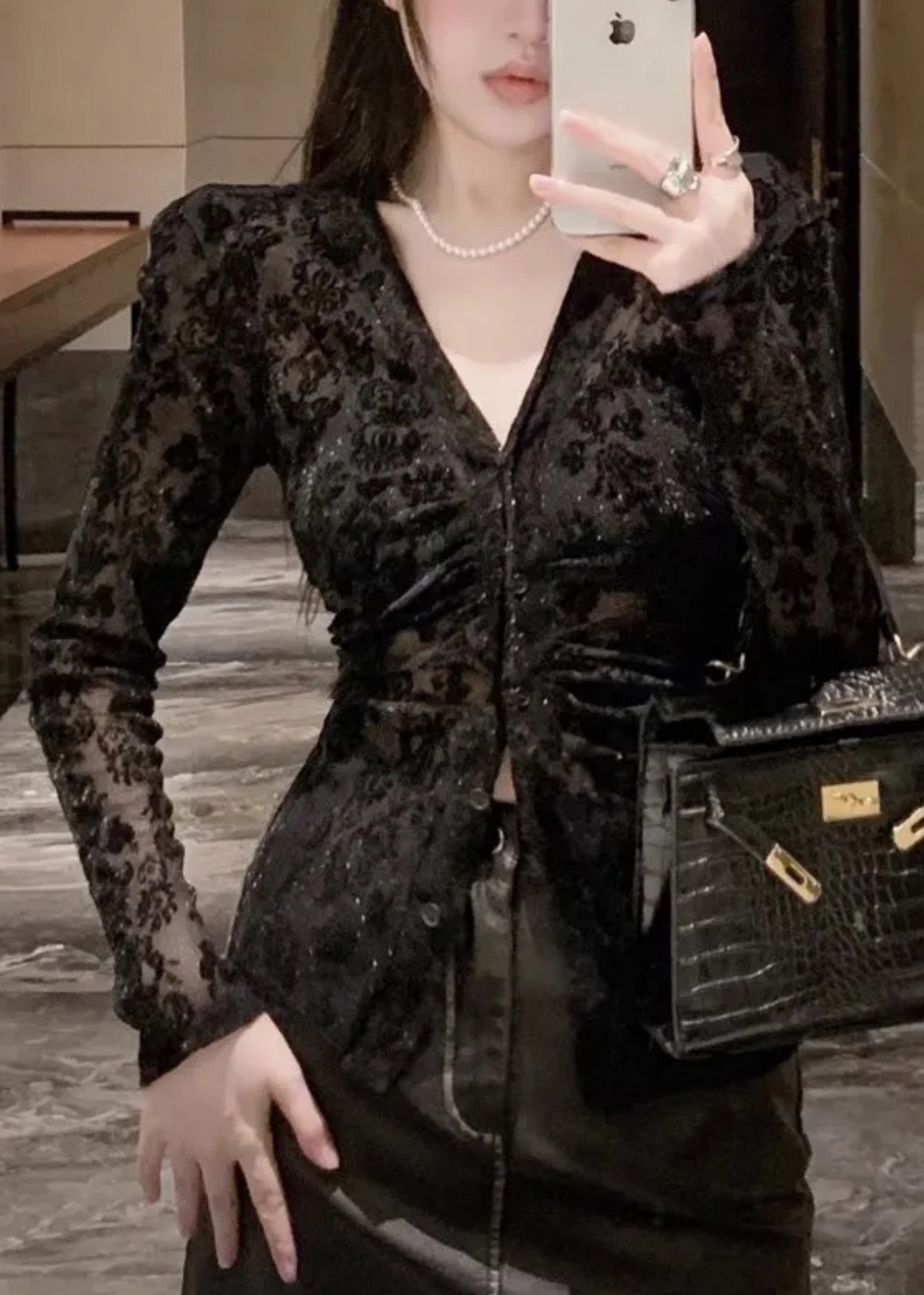 Fit Slim Top Neck Tulle Black Spring Button Flocking V