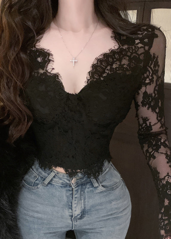 Spring Neck Top V Lace Black Fit Slim