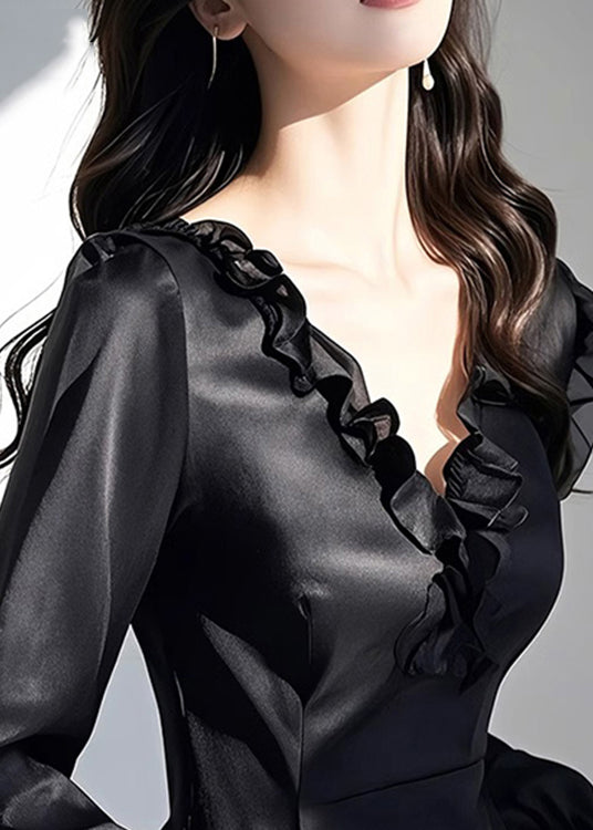 Shirt Fall V Neck Slim Ruffled Silk Black Fit