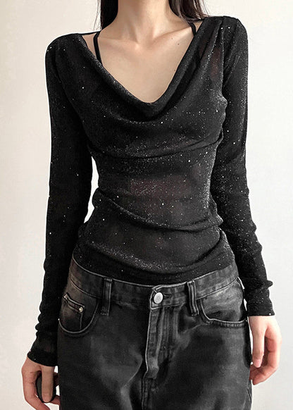 Shirts Fall Fit Tulle Slim Neck Black Sequins T V