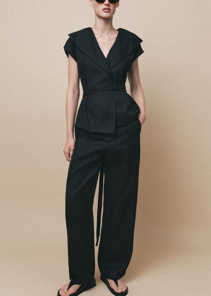 Neck Black V Set Cotton Waist Tie Slim Summer Pieces Two Fit