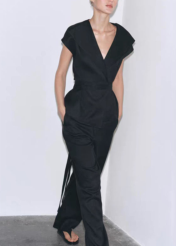 Neck Black V Set Cotton Waist Tie Slim Summer Pieces Two Fit