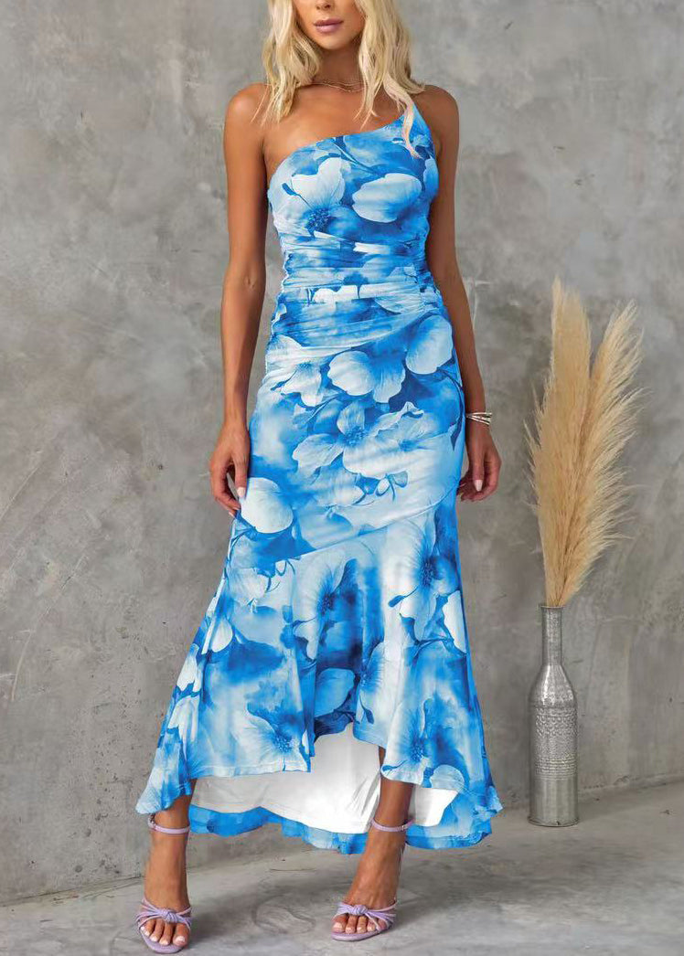 Cotton Dress Fit Slim Blue Sleeveless Asymmetrical Print Long