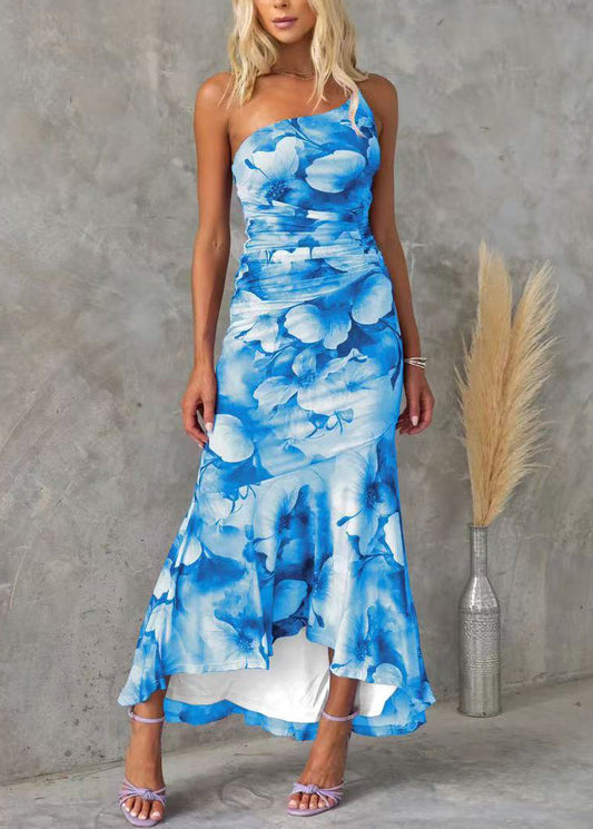 Cotton Dress Fit Slim Blue Sleeveless Asymmetrical Print Long