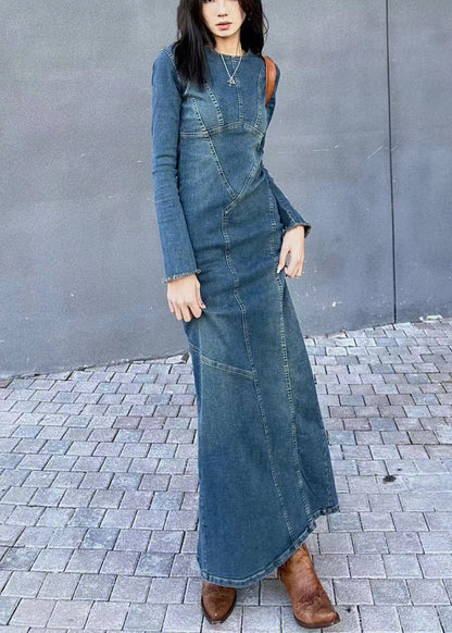 Original Back Slim Side Open Blue Dresses Design Long Fit Denim