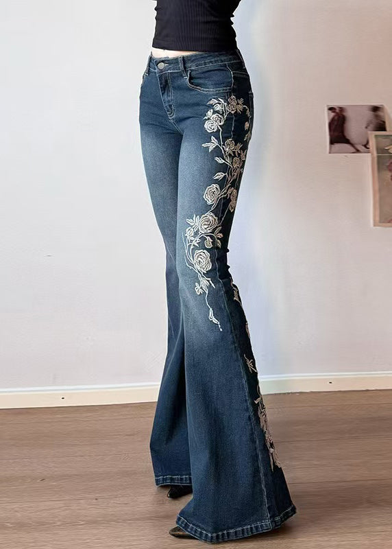 High Denim Embroidered Blue Trousers Waist Flared Slim Fit Summer