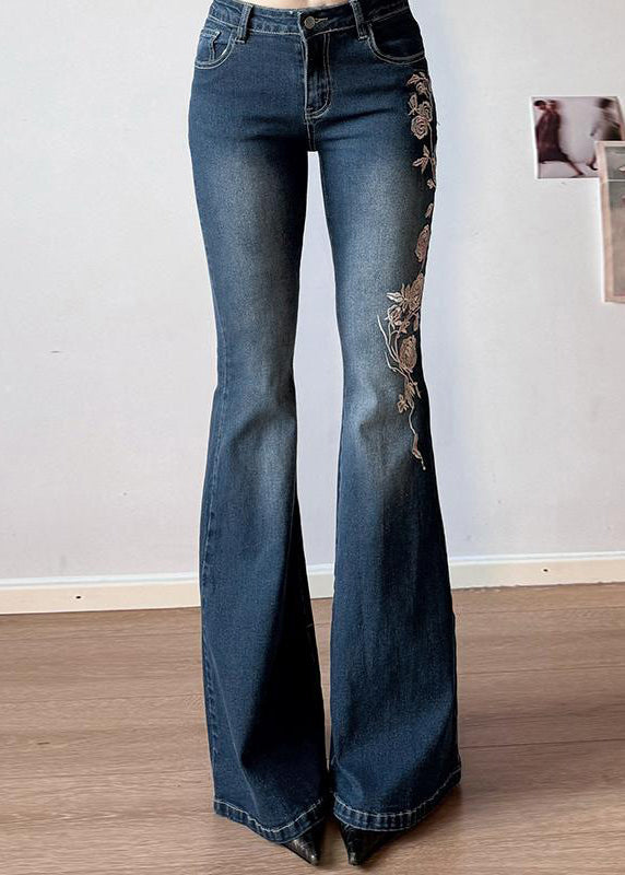High Denim Embroidered Blue Trousers Waist Flared Slim Fit Summer