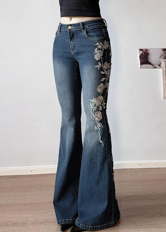 High Denim Embroidered Blue Trousers Waist Flared Slim Fit Summer