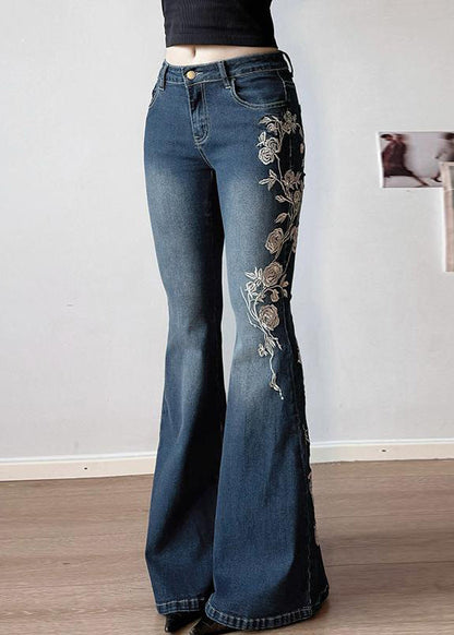 High Denim Embroidered Blue Trousers Waist Flared Slim Fit Summer