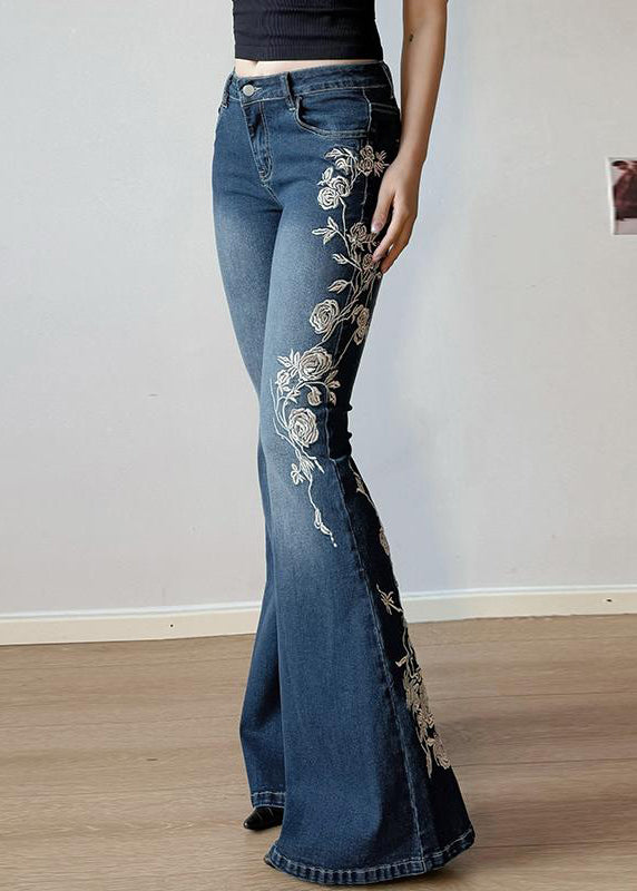 High Denim Embroidered Blue Trousers Waist Flared Slim Fit Summer