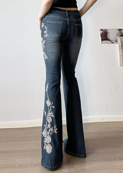 High Denim Embroidered Blue Trousers Waist Flared Slim Fit Summer