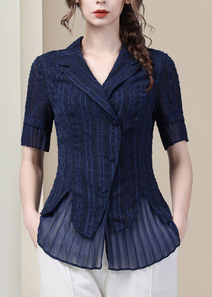 Blue Shirt Peter Fit Pan Summer Button Chiffon Slim Collar