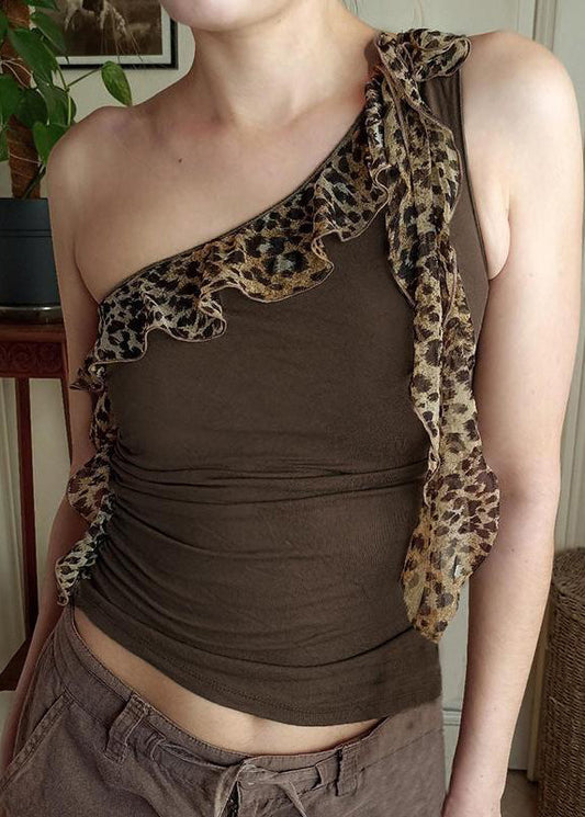 Sleeveless Fit Cotton Asymmetrical Brown Tank Patchwork Slim