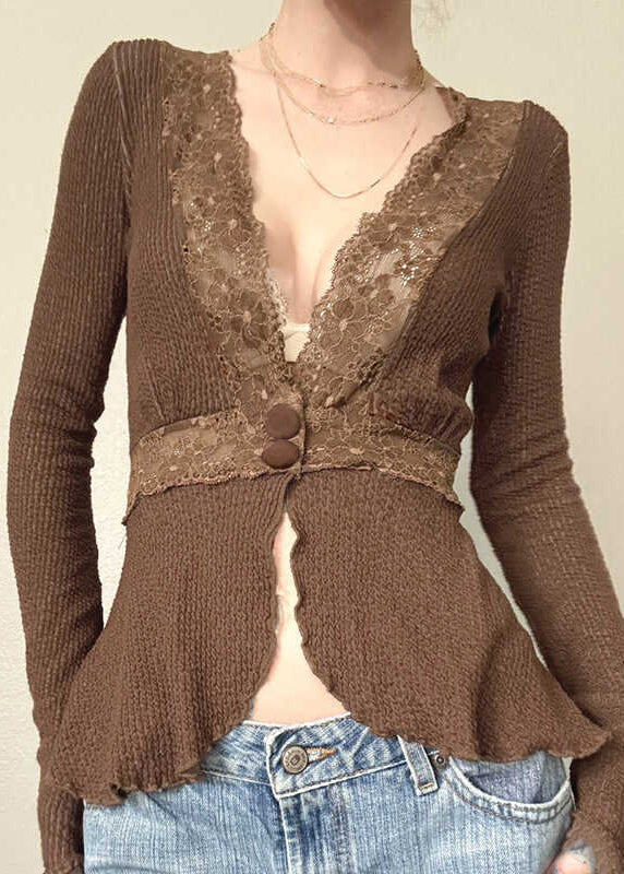 Lace Tops Knit Brown Fit Spring Patchwork Slim