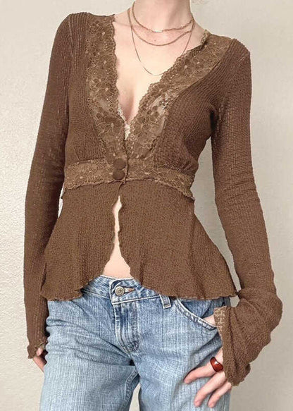 Lace Tops Knit Brown Fit Spring Patchwork Slim