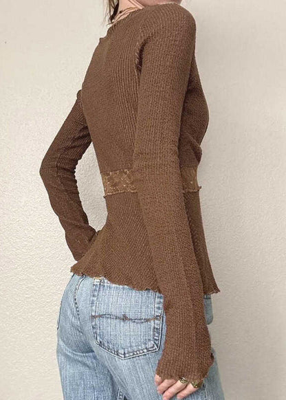 Lace Tops Knit Brown Fit Spring Patchwork Slim