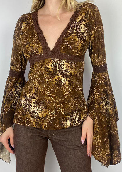 Slim Fit Brown V Neck Patchwork Lace Top Flare Sleeve WP028