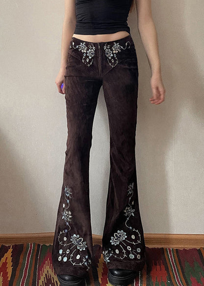 Fit Flared Trousers Chocolate Floral Denim Embroidered Slim