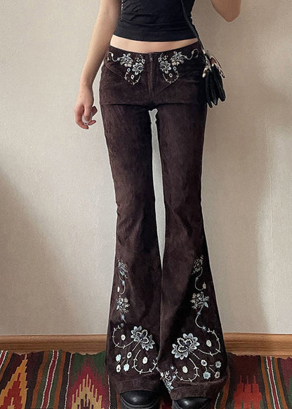 Fit Flared Trousers Chocolate Floral Denim Embroidered Slim