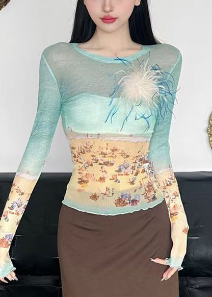 Fit O-Neck Summer Shirts Tulle T Colorblock Print Slim