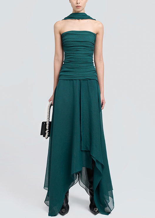 Shoulder Green Dresses Cotton Maxi Cold Dark Wrinkled Fit Slim